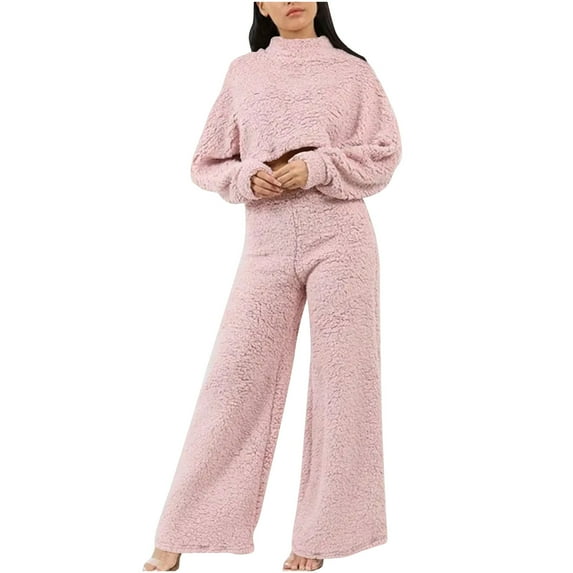 ShomPort Womens Winter Fleece Fuzzy Two Piece Outfits Long Sleeve Crop Tops with Wide Leg Long Pants Lounge Sets