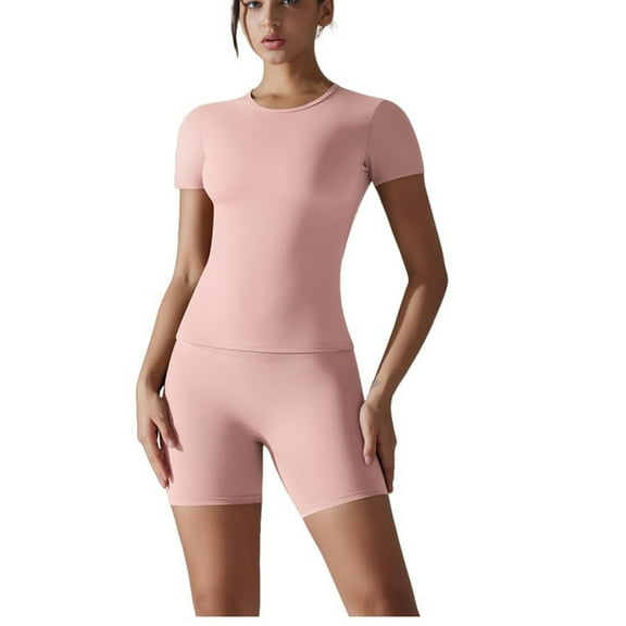 ShomPort Womens Workout Set Quick Dry Short Sleeve Crewneck Slim Tops Cozy Shorts Stretchy Breathable Seamless Gym Outfits