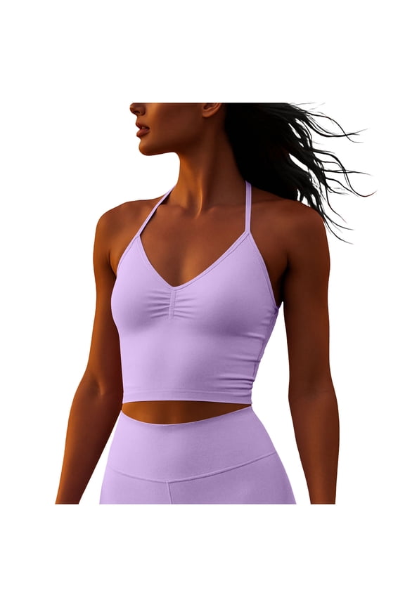Womens Workout Tank Tops Halter Neck Quick Dry Backless Pleated Stretchy Crop Tops Solid Color Gym Running Activewear