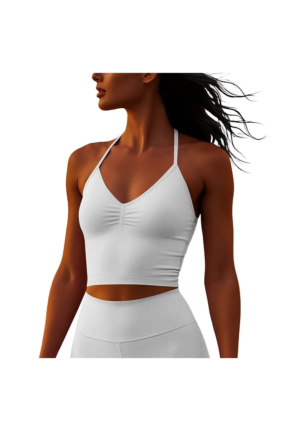 Womens Workout Tank Tops Halter Neck Quick Dry Backless Pleated Stretchy Crop Tops Solid Color Casual Running Activewear