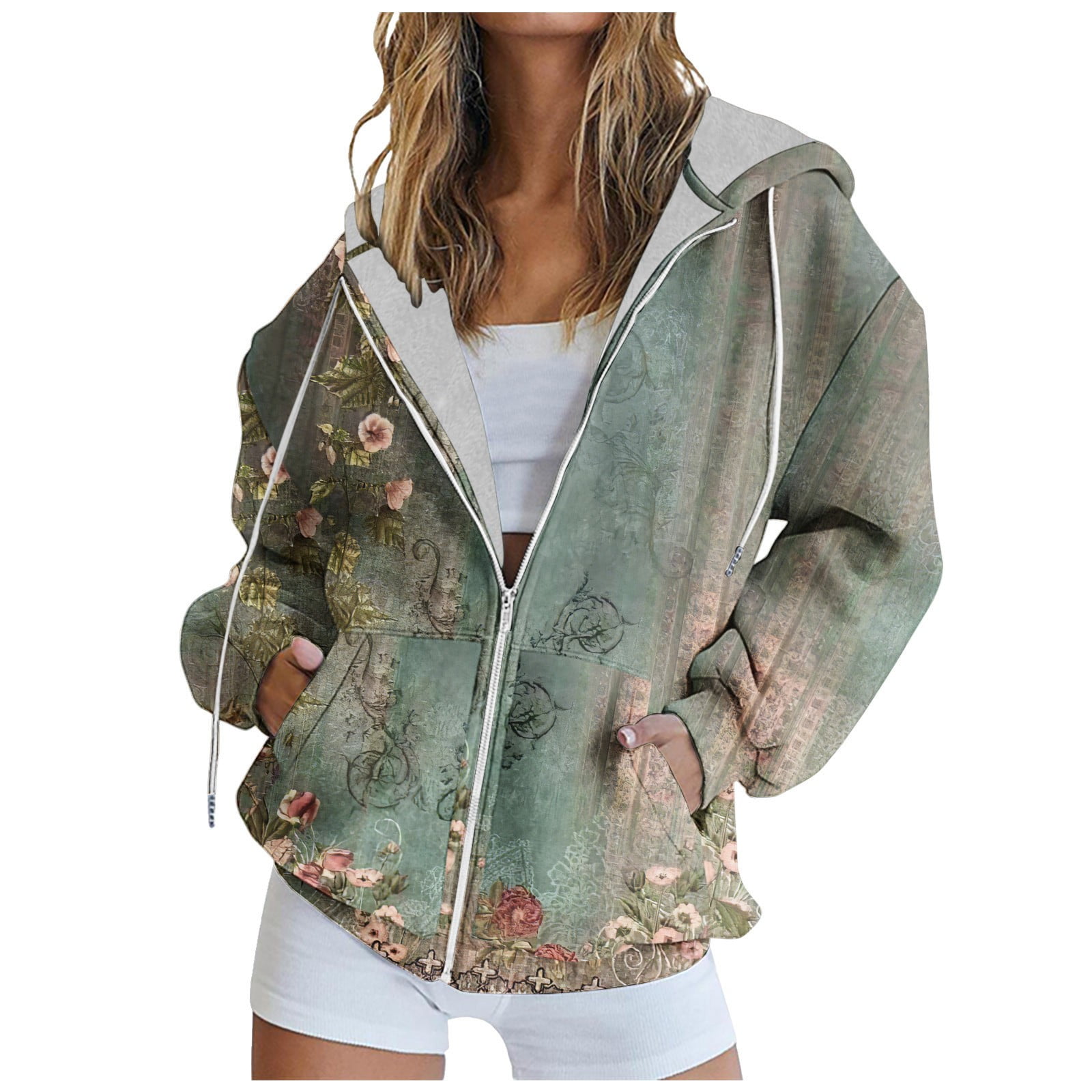 ShomPort Womens Zip up Hoodies Long Sleeve Floral Print Casual Sweatshirts  Padded Jacket with Pockets