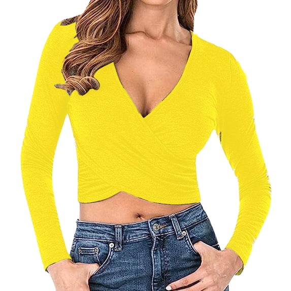 ShomPort Wrap Tops for Womens V-Neck Long Sleeve Stretchy Cotton Soft Casual Crop Tops Lightweight Solid Color Going Out Base Layer Tees