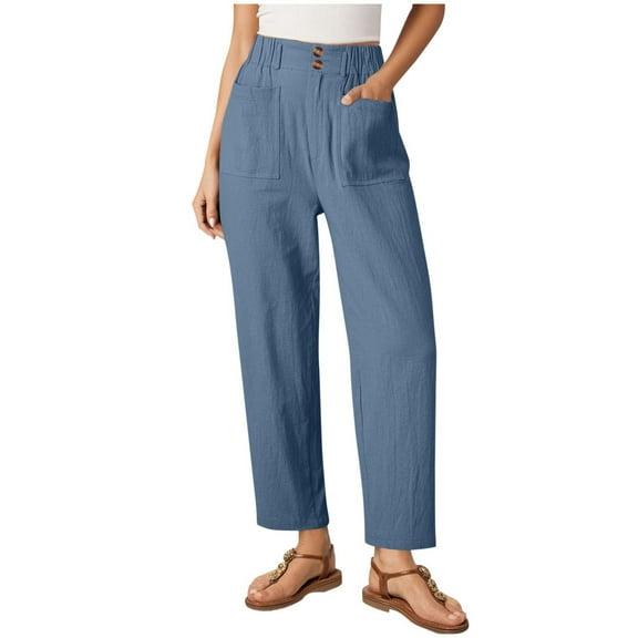 ShomPortWomen's Wide Leg Pants Elastic High Waist Button Harem Capris Causal Linen Trousers with Pocket