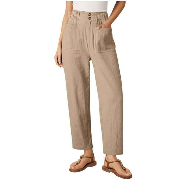 ShomPortWomen's Wide Leg Pants Elastic High Waist Button Harem Capris Causal Linen Trousers with Pocket