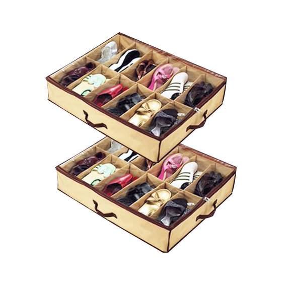 Shonpy 2PCS Ladies/Kids Storage Household Shoe Bag 12 Cells Underbed Foldable Closet Organizer (Beige) (beige)