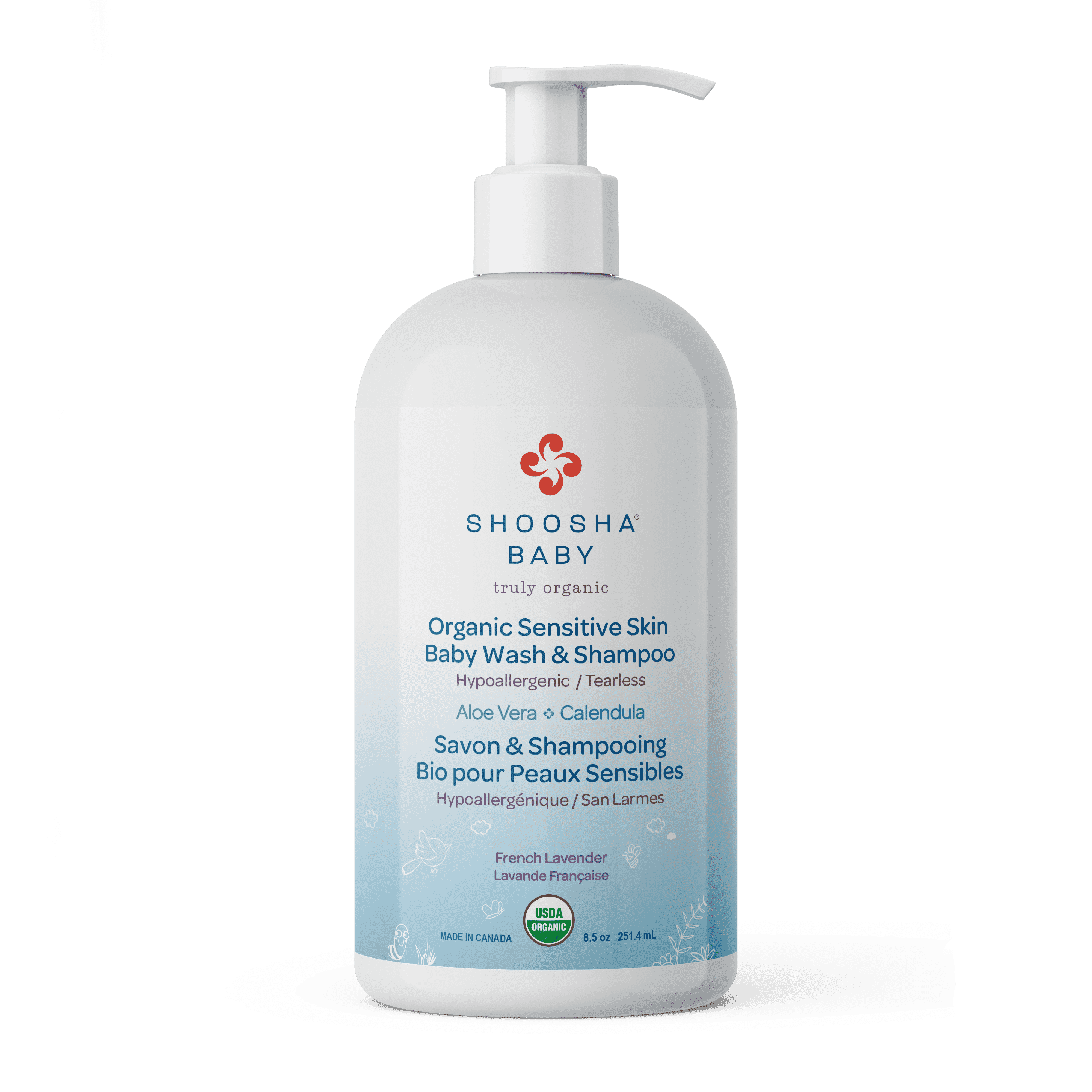 Shoosha USDA-Certified Organic Gentle Baby Hair & Body Cleanser, Light Lavender Fragrance, Suitable for Sensitive Skin Types, 8.5 oz