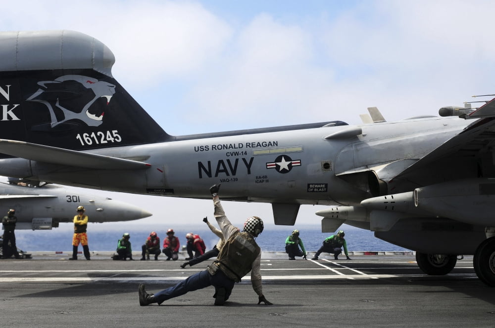 Shooters signal satisfactory final checks of an EA-6B Prowler before launch Canvas Art - Stocktrek Images (35 x 23)