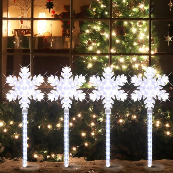 Shooting 17" 568LED Snowflake Lawn Stake Light Super-Bright White 4 Stakes Total Christmas Outdoor Decoration with UL Standard Adaptor for Outdoor Pathway Lawn Holiday Party Home