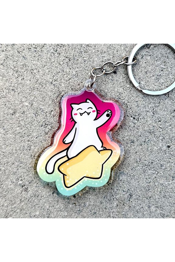 Shooting Star Cat Keychain | cute acrylic keychain | outer space keychain | shooting star keychain | white cat keychain | space cat keychain