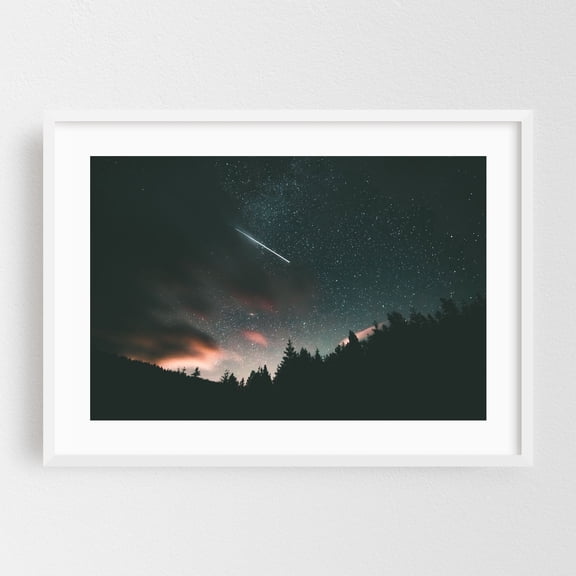 Shooting Star - Photography Night Sky Stars Milky Way Space Nature Forest Scenic White Framed Wall Art Print 16 x 24 inches