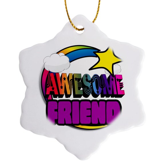 3drose, Shooting Star Rainbow Awesome Friend, 3 inch Snowflake Porcelain Ornament