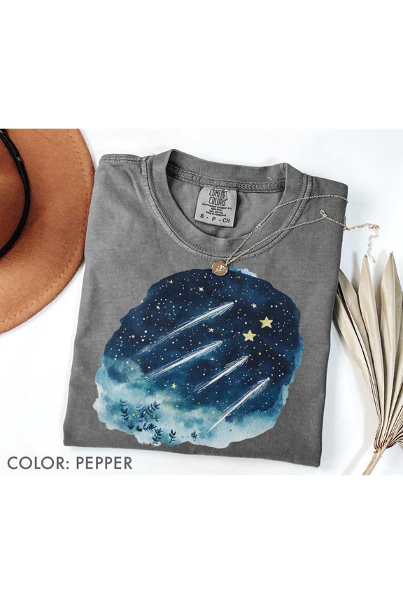 Shooting Stars Celestial Night Sky Meteor Galaxy Graphic Design Comfort Colors Unisex Cotton T-Shirt, Size S-3XL