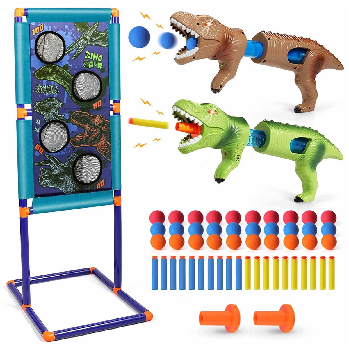 Shooting Target for Kids, Dinosaur Shooting Games for 5 6 7 8 9 10+ Year Old Boys, Electronic Shooting Target Toy with Target Stand, 2 Popper Air Guns and 20 Foam Balls, Compatible with Toy Gun