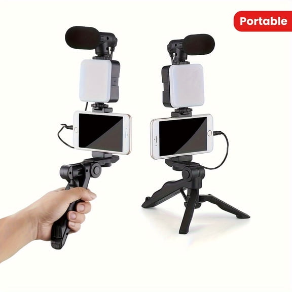 Shooting Vlogging Kit: Mini LED Light, Gun Mic, Phone Holder, Tripod for Smartphone/Camera, Beginner Gift for Valentine's/Father's Day, Black