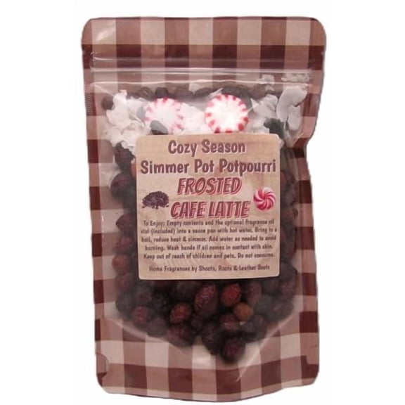 Shoots, Roots & Leather Boots Frosted Cafe Latte Simmer Potpourri 3.5 oz Bag with 2ml Oil Vial Coffee Peppermint Vanilla Home Aroma Handmade in Tennessee