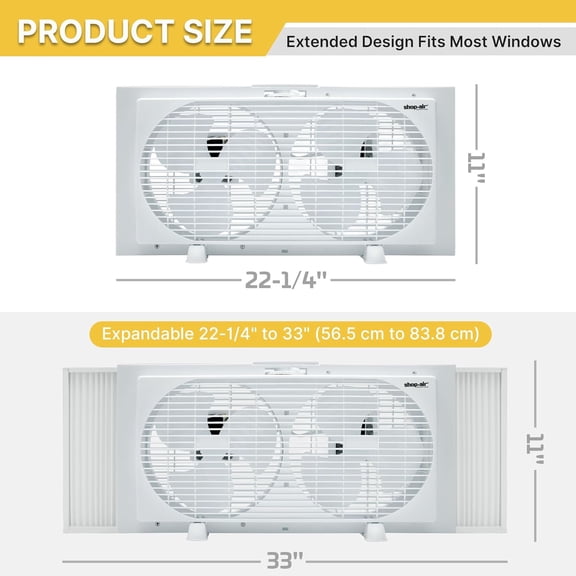 Shop-Air 9" Twin Window Fan with Manually Reversible Airflow 2-Speed Settings, High Airflow 300 CFM, Quiet Cooling, Adjustable Accordion Expanders, Ideal for Home & Office