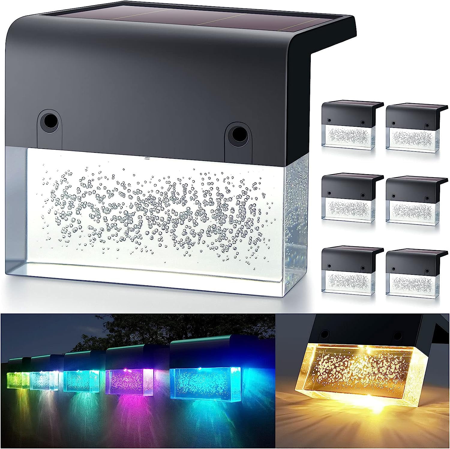 Black Acrylic Solar LED Deck Lights with Color Changing Modes, 6 Pack