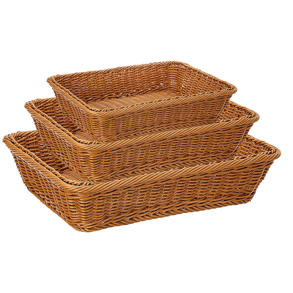 Shop Clearance!!3pcs Hand-Woven Rattan Storage Basket,Natural Handmade Rectangle Bread Basket Fruit Serving Baskets Storage Tray for Home Kitchen Organizer