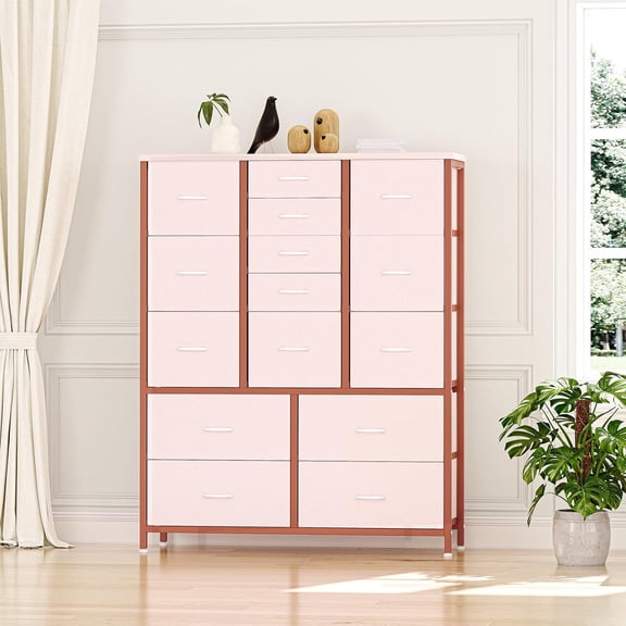 Shop with Confidence Pink Functional 15-Drawer Fabric Chest of Drawers with Waterproof Wooden Top – Ideal Storage Solution for Bedroom, Living Room, and Children's Room