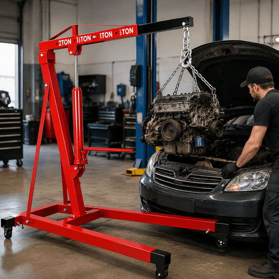 Shop Crane 2 Ton Hydraulic System, Hoist Lift Adjustable Boom Design, Engine Hoist Steel Frame with Casters for Garage Engine Repair Red