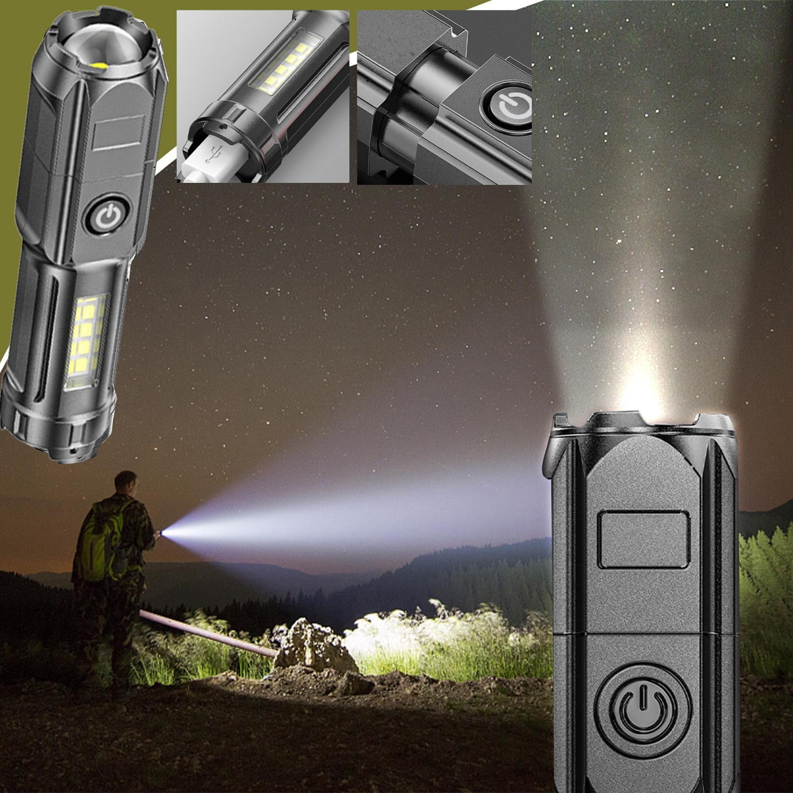 Shop Deals, High Lumens Rechargeable Flashlight, 5000 Lumens, LED Camping Light, for Emergencies, Outdoor Lighting, Outdoor Tools, Long - Lasting, Powerful, for Campers Save Big | Plastic, Black