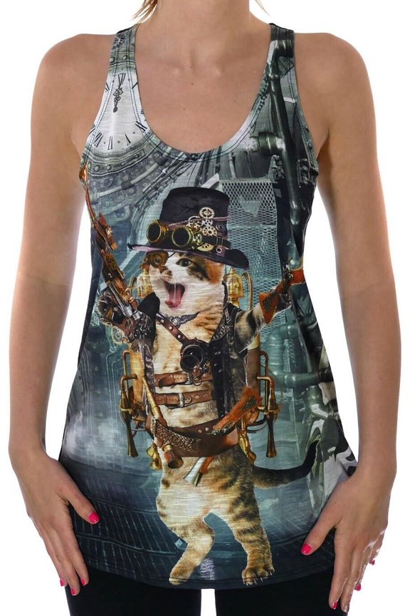 Steam Punk Rock Cat Women's Funny Animal Graphic Print Tank Top M