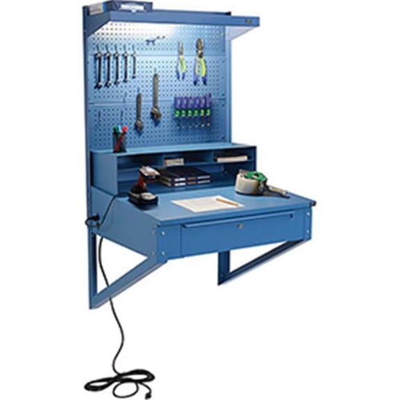 Shop Desk Wall Mount with Pegboard Riser - Blue