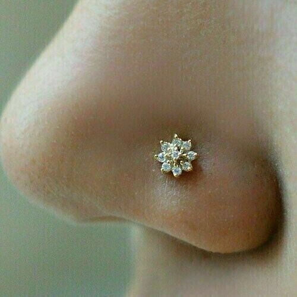 NM JEWELS Shop Jewelry 0.50 Ct Round Cut Diamond Nose Piercing Ring Pin Stud 14K Yellow Gold Plated Silver