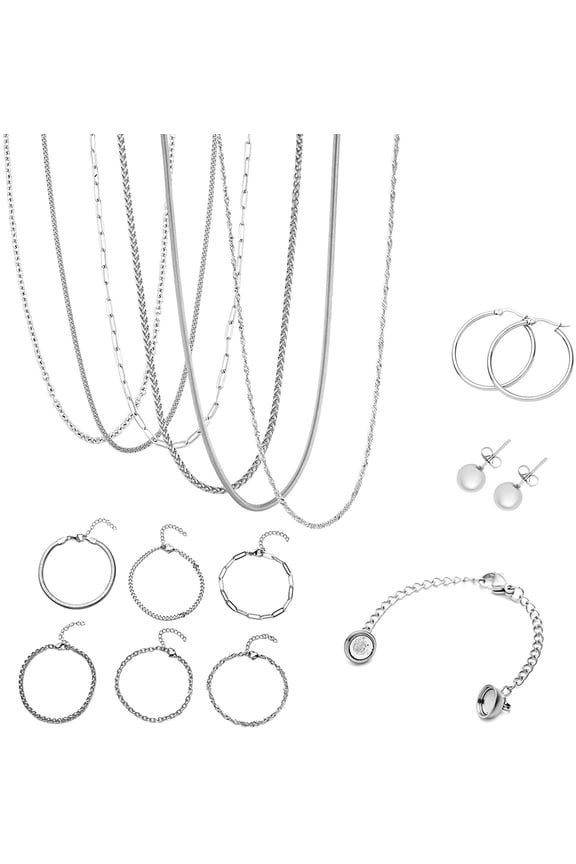 15 Piece Chain Layered Necklace Bracelet Stud Hoop Earrings And Extender Jewelry Set In 18K White Gold Plated Stainless Steel With Velvet Cover (Paperclip,Curb) Gifts for Women