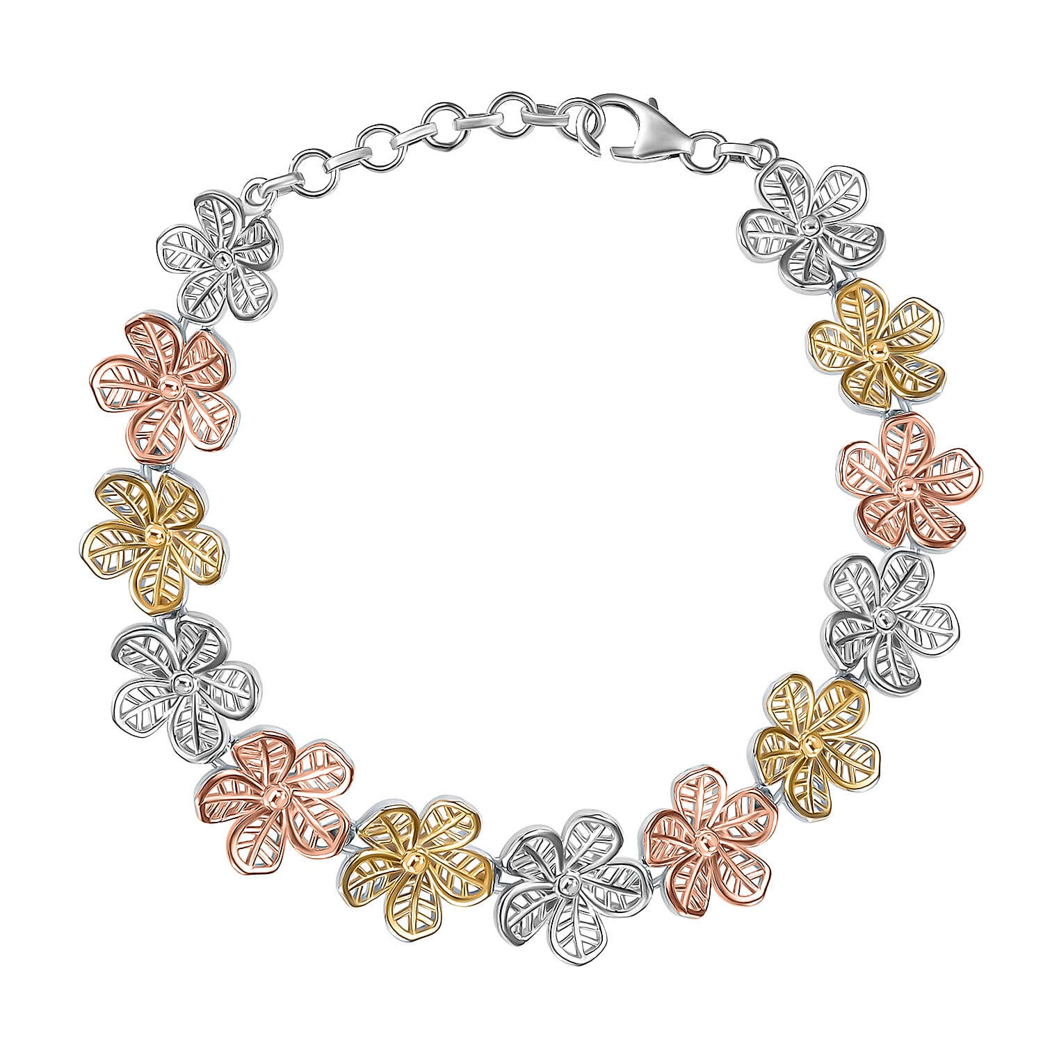 18K YRG Rhodium Over Sterling Silver Floral Bracelet 8.00 In 13.10 Grams