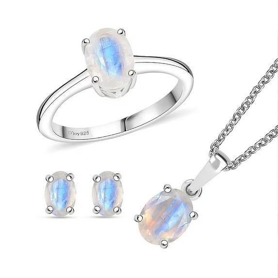 3 Piece Set Moon Glow Moonstone 3.30 ctw Lunar Radiance Earrings Ring Size 6 and Pendant in Rhodium Over Sterling Silver with Stainless Steel Necklace 20 Inches Christmas Gifts