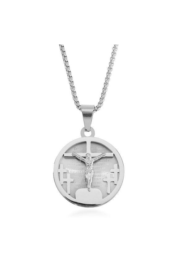 Bible Cross Coin Men's Pendant Necklace 24 Inches in Stainless Steel