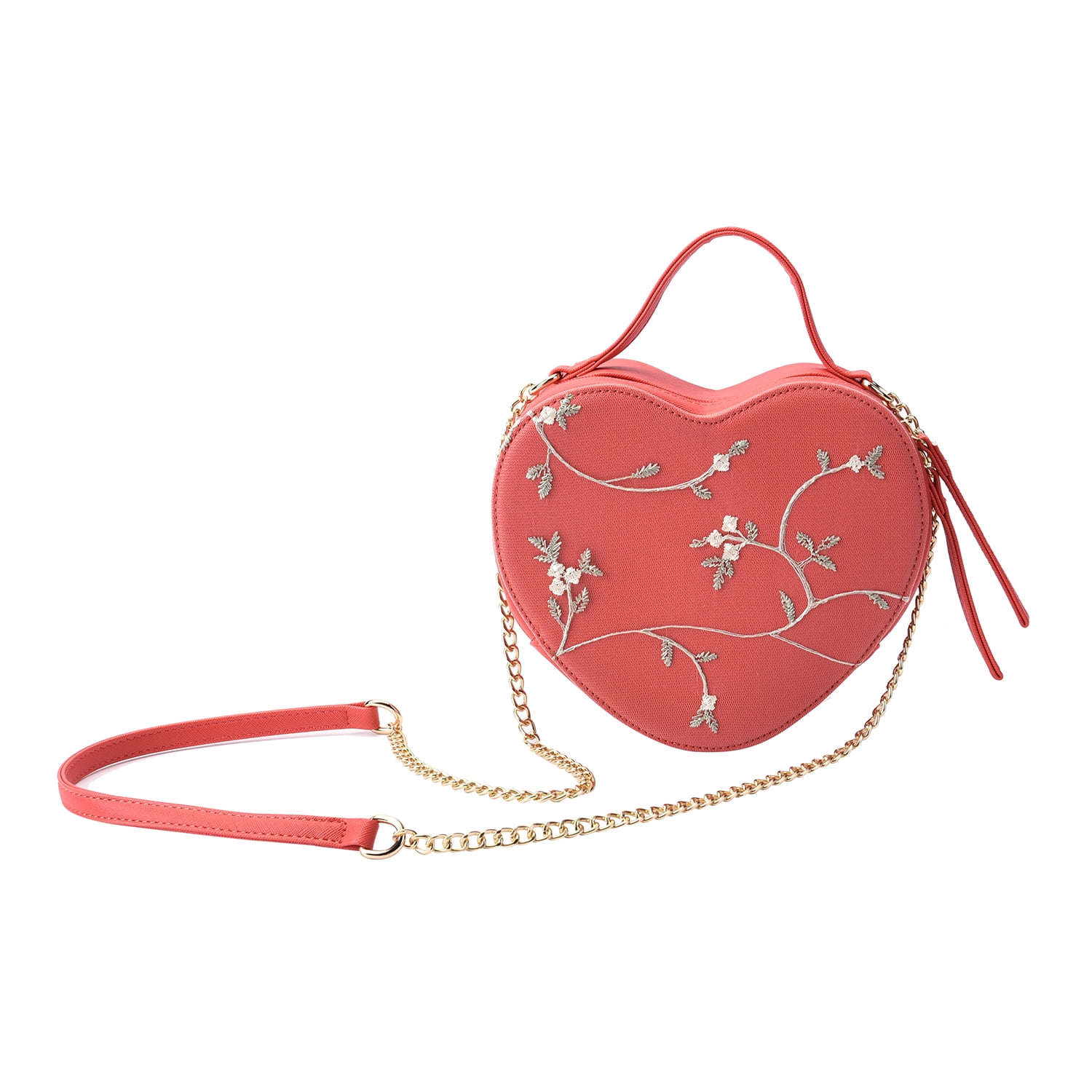 Peach Pink Floral Faux Leather Heart Shape Embroidery Crossbody Bag for Women, Crossbody Purse, Designer Crossbody, Shoulder Handbags , Shop LC