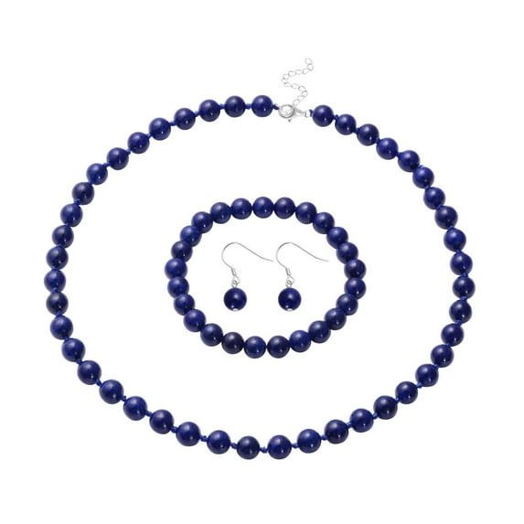 Blue Lapis Lazuli Costume Jewelry Set for Women Bead Necklace Beaded Stretch Bracelet & Earrings 925 Sterling Silver Stress Relief for Women Christmas Gifts