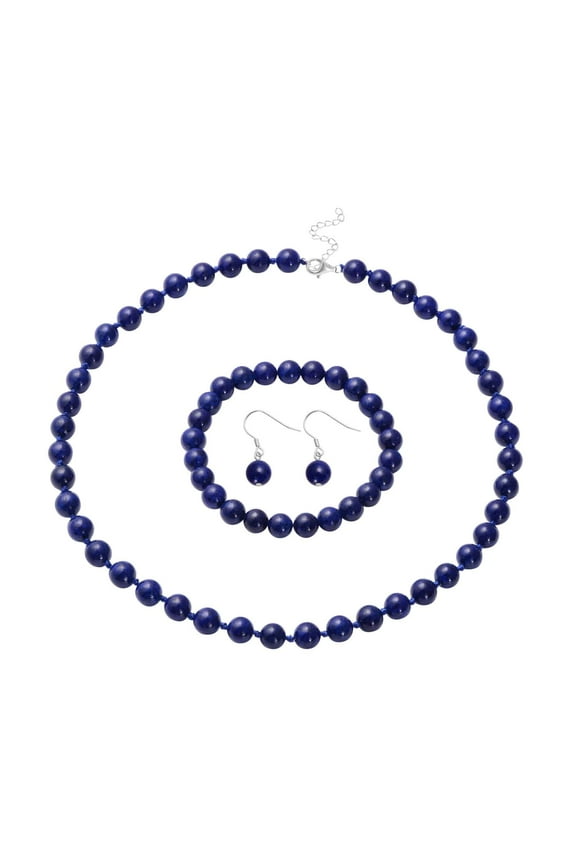 Blue Lapis Lazuli Costume Jewelry Set for Women Bead Necklace Beaded Stretch Bracelet & Earrings 925 Sterling Silver Stress Relief for Women Christmas Gifts