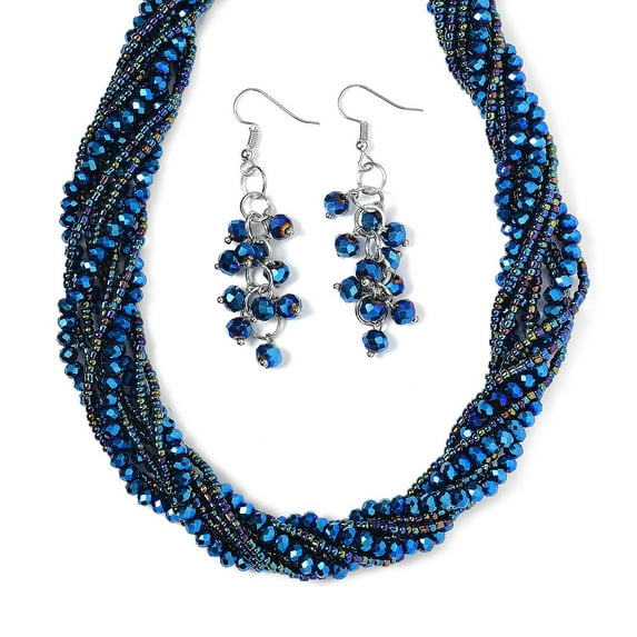Blue Magic Color Glass and Crystal 2pcs Multi Wear Necklace 16 & 18 Inches and Earrings in Silvertone Christmas Gifts
