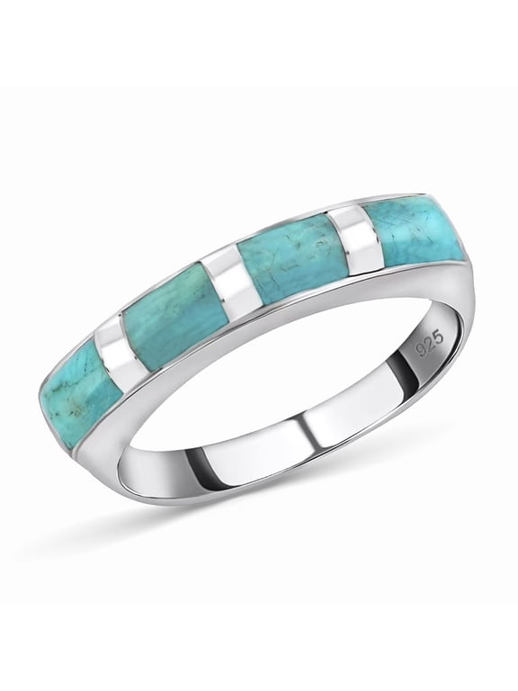 Blue Turquoise Band Ring for Women, 925 Sterling Silver Size 6