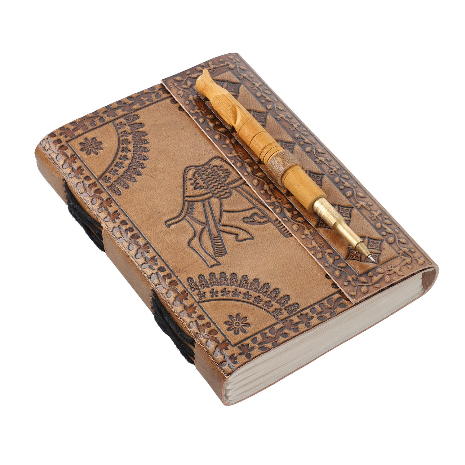 Black Genuine Leather Flower Embossed Journal with Wooden Pen
