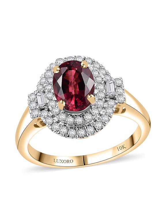 Certified & Appraised LUXORO AAA Rubellite and G-H I2 Diamond 1.74 ctw Double Halo Ring in 10K Yellow Gold Size 8 Christmas Gifts