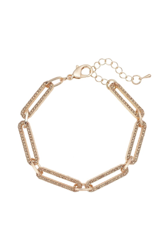 Champagne Crystal Paper Clip Chain Bracelet in Goldtone 7.50-9.50In