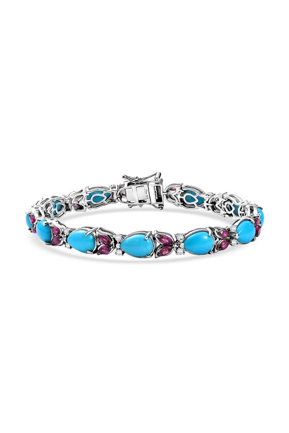 D'Joy Premium Turquoise and Multi Gemstone 16.70 ctw Azure Bloom Bracelet in Rhodium Over Sterling Silver 7.25 In Christmas Gifts