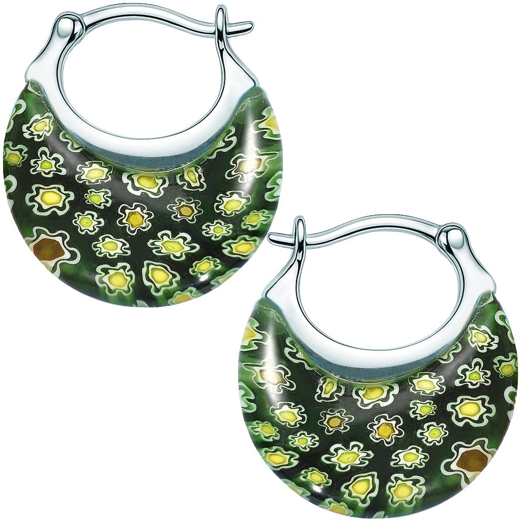 Green Murano Style Glass Hoop Earrings - Drop Dangle Earrings Stainless Steel Fun Daisy Flower Jewelry - Anniversary Engagement Her Ct. 30 Birthday Christmas Gifts