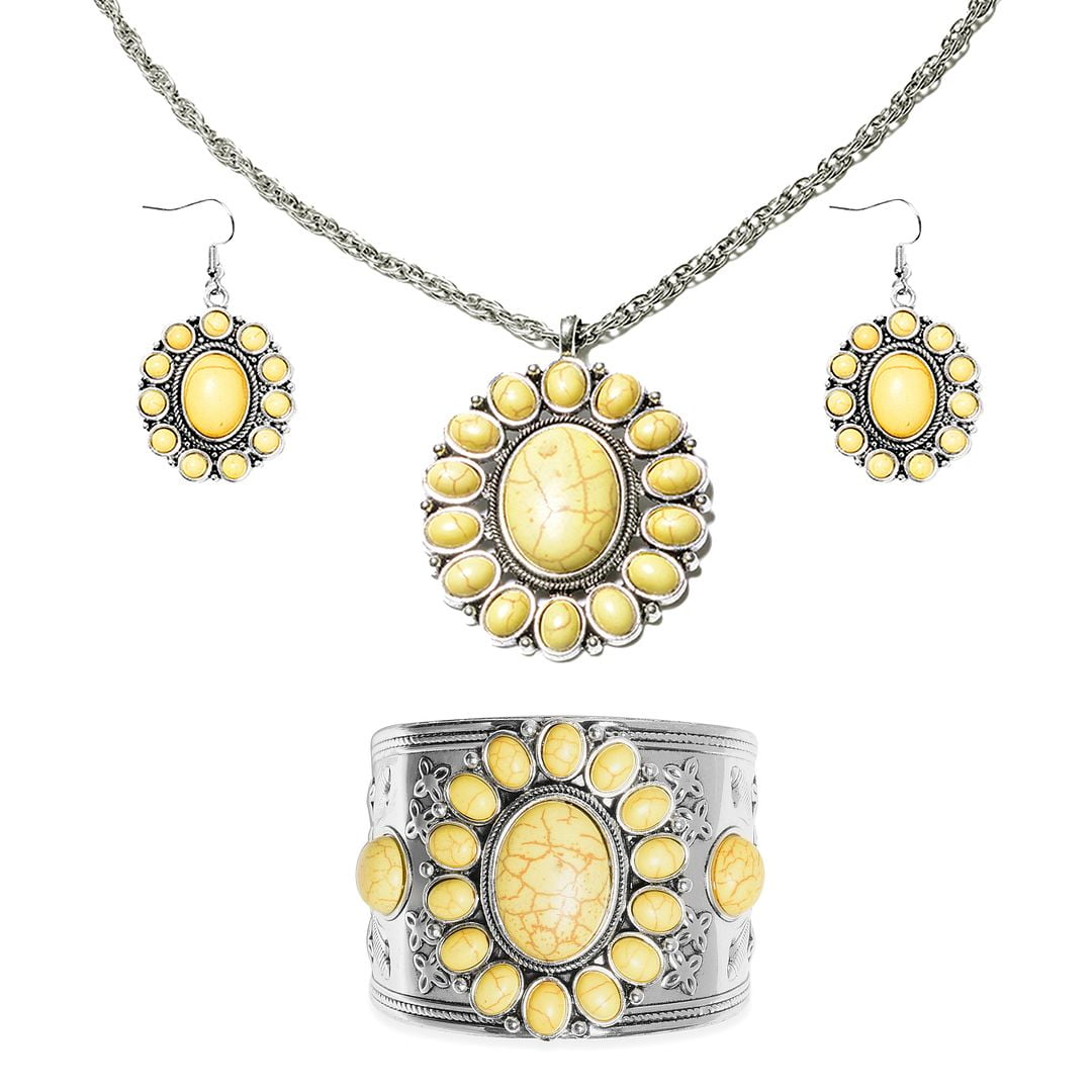 Shop LC Steel Silvertone Yellow Howlite Earrings Pendant Necklace Set