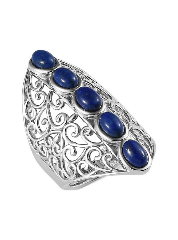 Shop LC Ion Plated Platinum Plated Lapis Lazuli Openwork Statement Elongated Ring for Women Size 6 Birthday Mothers Day Gifts for Mom