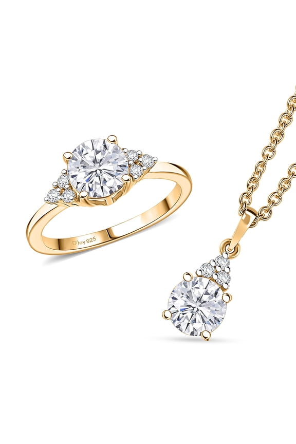 Moissanite 2.75 ctw Ring Size 9.0 and Pendant Necklace 20 Inches in 18K Vermeil Yellow Gold Over Over Sterling Silver