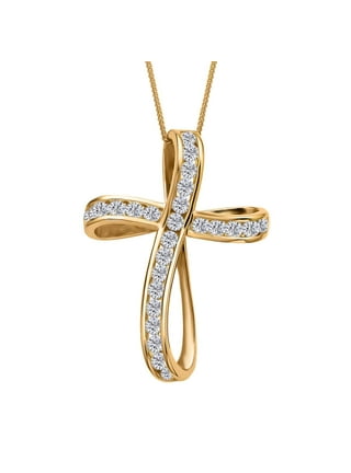 Real MOISSANITE Solid 10k Yellow Gold Iced Tennis Cross Pendant Necklace 5  Sizes