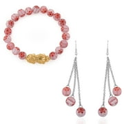 Shop LC Pink Color Murano Style Beaded Stretch Bracelet with Charm and Dangling Earrings in Goldtone and Stainless Steel