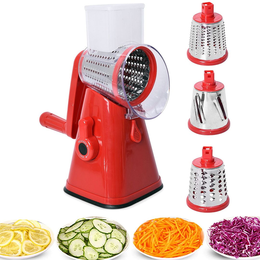 G.CHEN Manual Rotary Cheese Grater With Suction Base Drum Shredder  Vegetable Slicer with Metal Handle (Red)