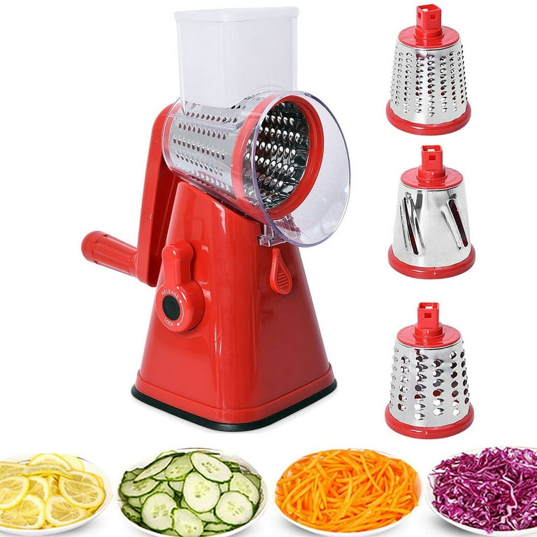 iezzei Rotary Cheese Grater - Vegetable Cutter, Potato Slicer, Carrot  Shredder, Nut Grinder with 5 Stainless Steel Blades - Safe & Strong Suction  Base