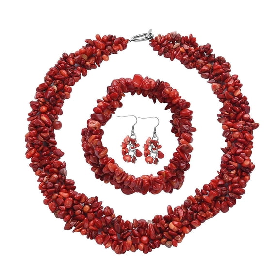 Red Coral Gemstone Chips Necklace, Earrings &
Bracelet Set - Cluster Stainless Steel Jewelry Women - Boho Beach Healing Crystal Jewelry - Necklace 18" - Stretchable Bracelet Christmas Gifts